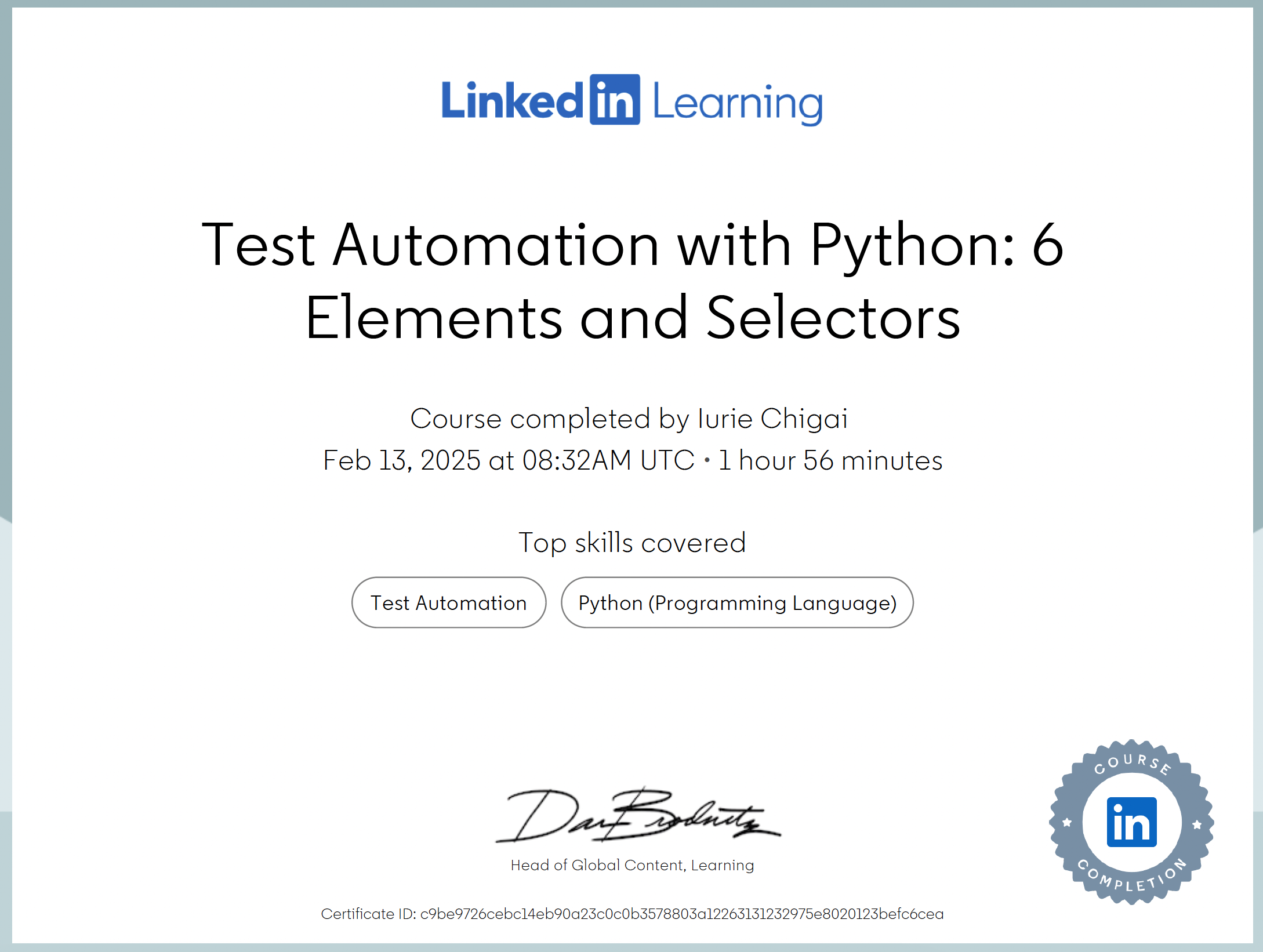Test Automation with Python certificate issued by Linkedin